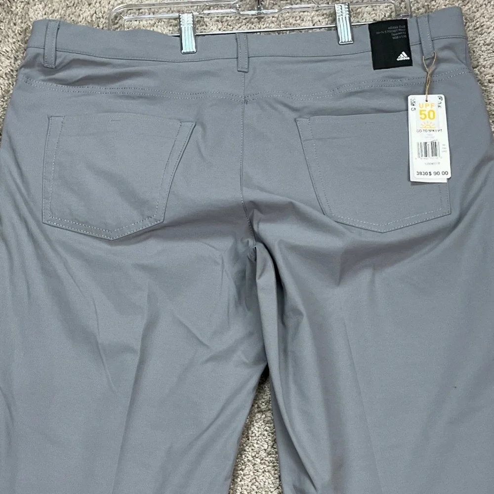 Adidas Go-To 5 Pocket Pant Men 38x30 Gray Tapered Fit Performance Flat Front NEW